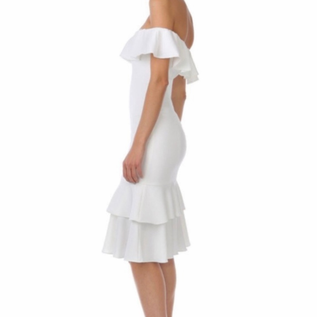 Jay Godfrey Momoa White Off The Shoulder Ruffle Midi Dress